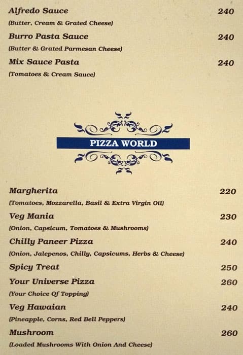 Hotel Moti Palace, Agra menu