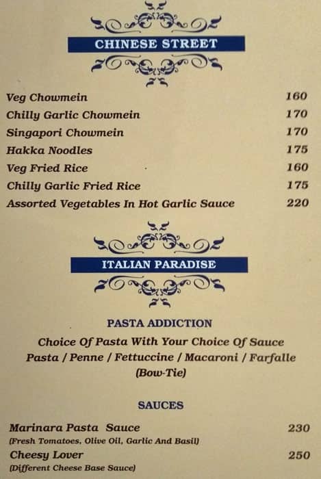Hotel Moti Palace, Agra menu