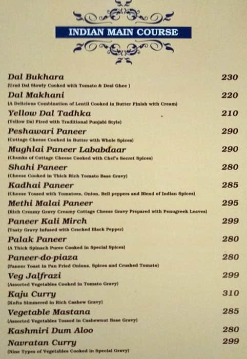 Hotel Moti Palace, Agra menu