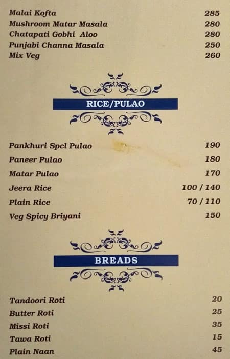 Hotel Moti Palace, Agra menu