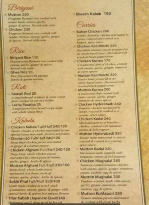 Mughal Darbar menu