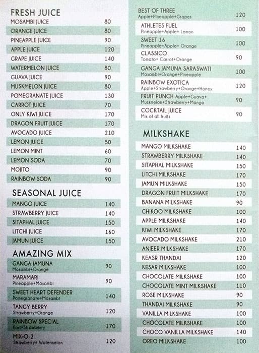 Rainbow Juice Center menu