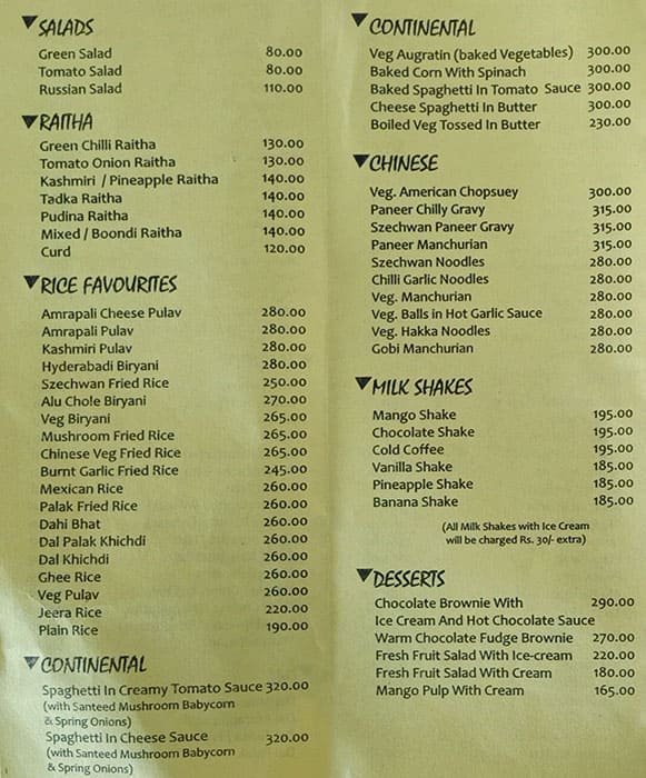 Menu at Amrapali, Pune