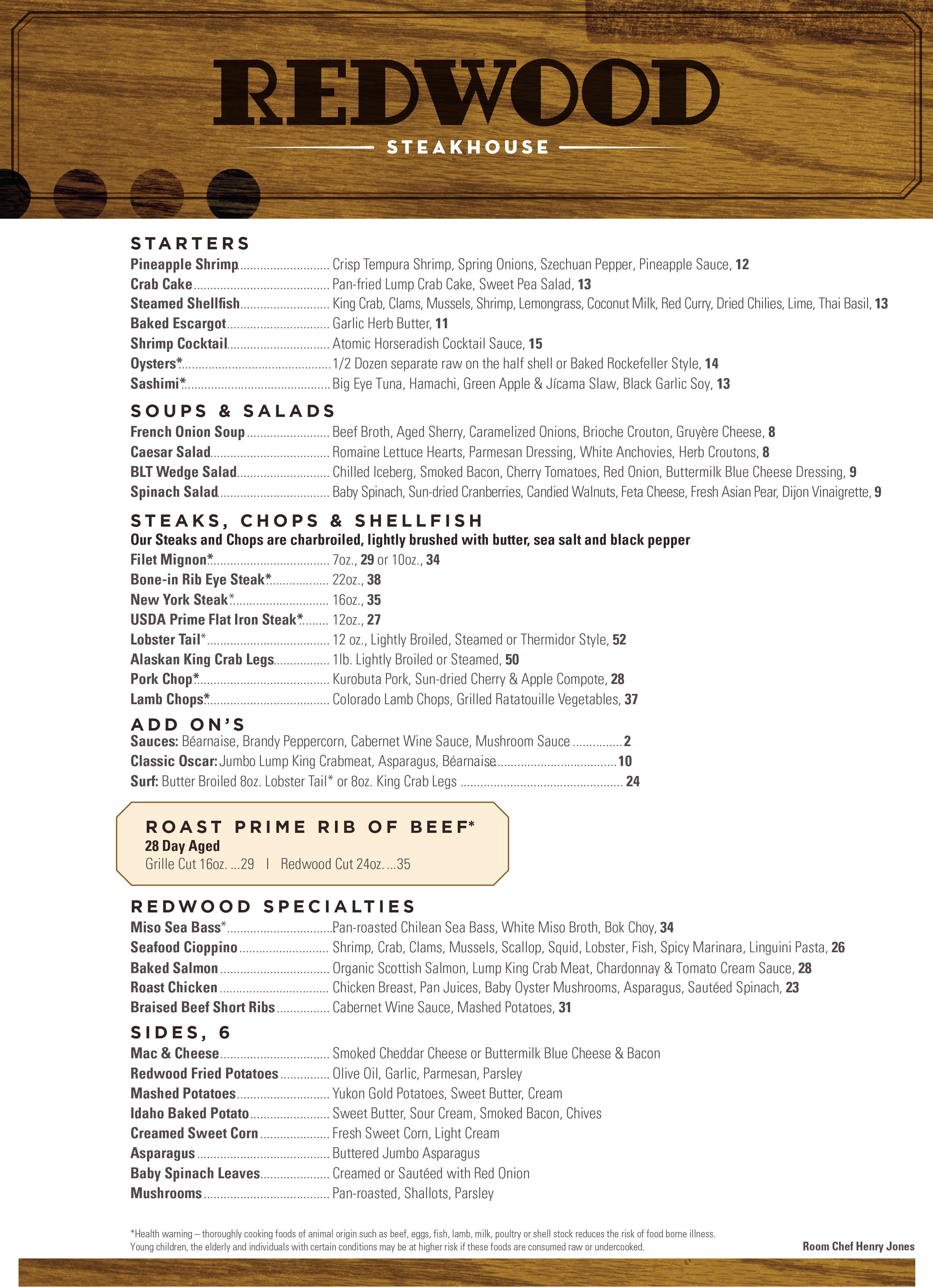 Menu at Redwood Steakhouse, Las Vegas