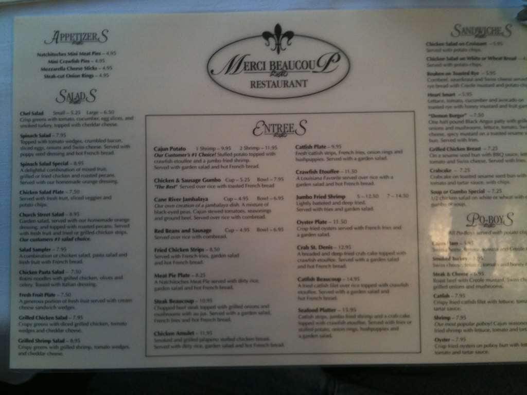 Menu at Merci Beaucoup Restaurant, Natchitoches, 127 Church St