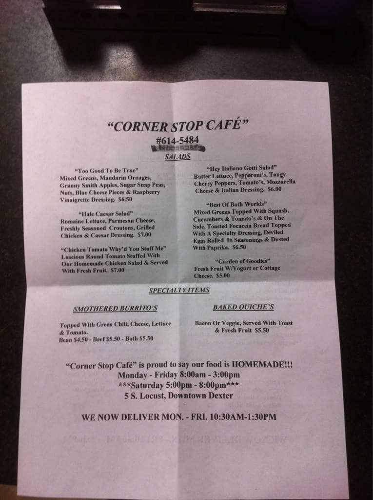 Menu at Corner Stop Cafe, Dexter