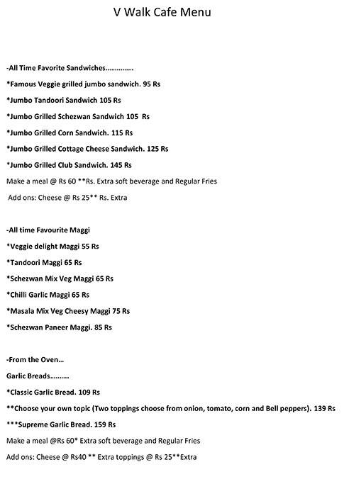 V Walk Cafe' menu