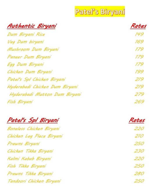 Menu of Patel's Biryani, Yelahanka, Bangalore