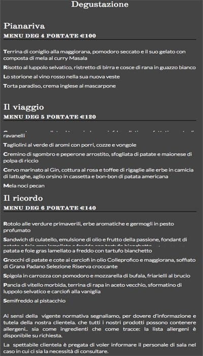Menu di Unico Milano 