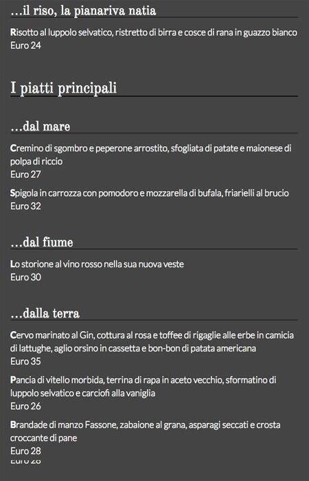 Menu di Unico Milano 