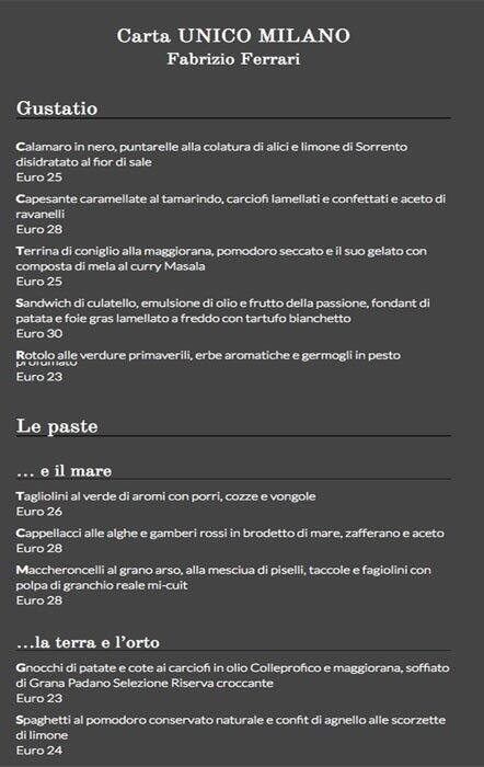 Menu di Unico Milano 