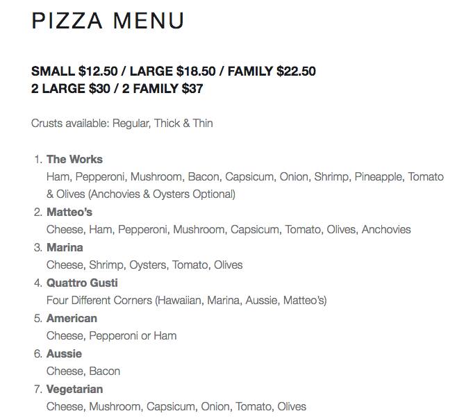 Materos Menu Menu at Matteo's Pizza Bar, Kalamunda