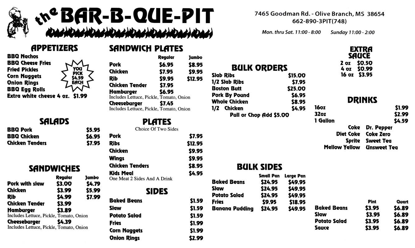 Bar B Que Pit Menu, Menu for Bar B Que Pit, Olive Branch, Memphis