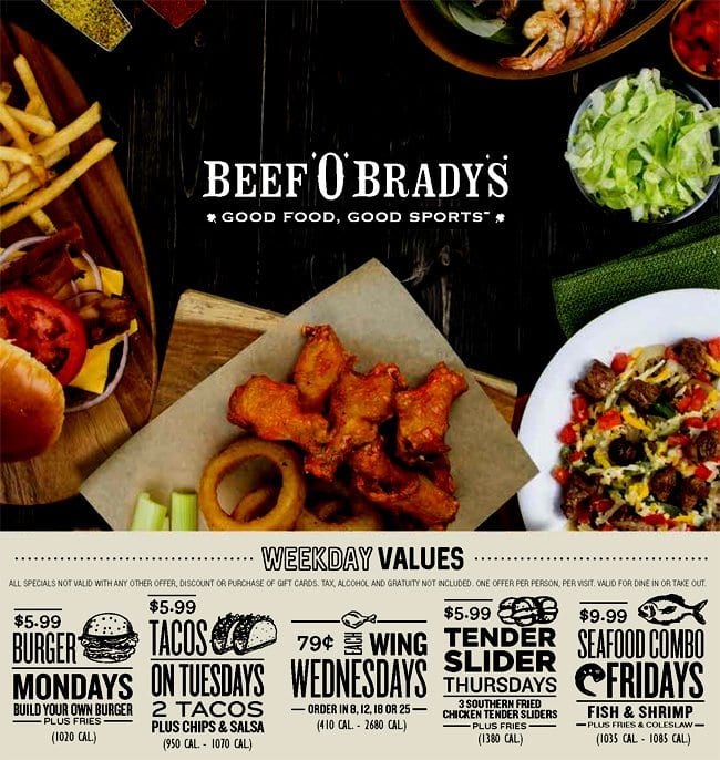 Beef O'Brady's Menu, Menu for Beef O'Brady's, Satellite Beach
