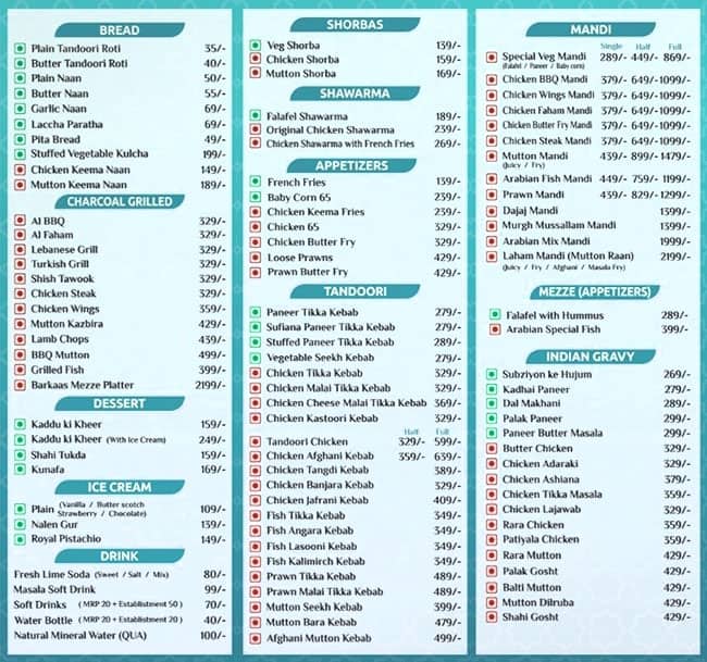 Menu of Barkaas Arabic Restaurant, Park Street Area, Kolkata