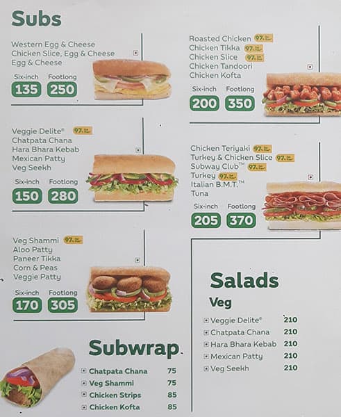 Menu at subway Malad, Mumbai