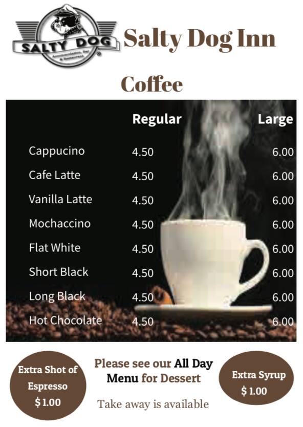 Menu at The Salty Dog Inn pub & bar, Snells Beach