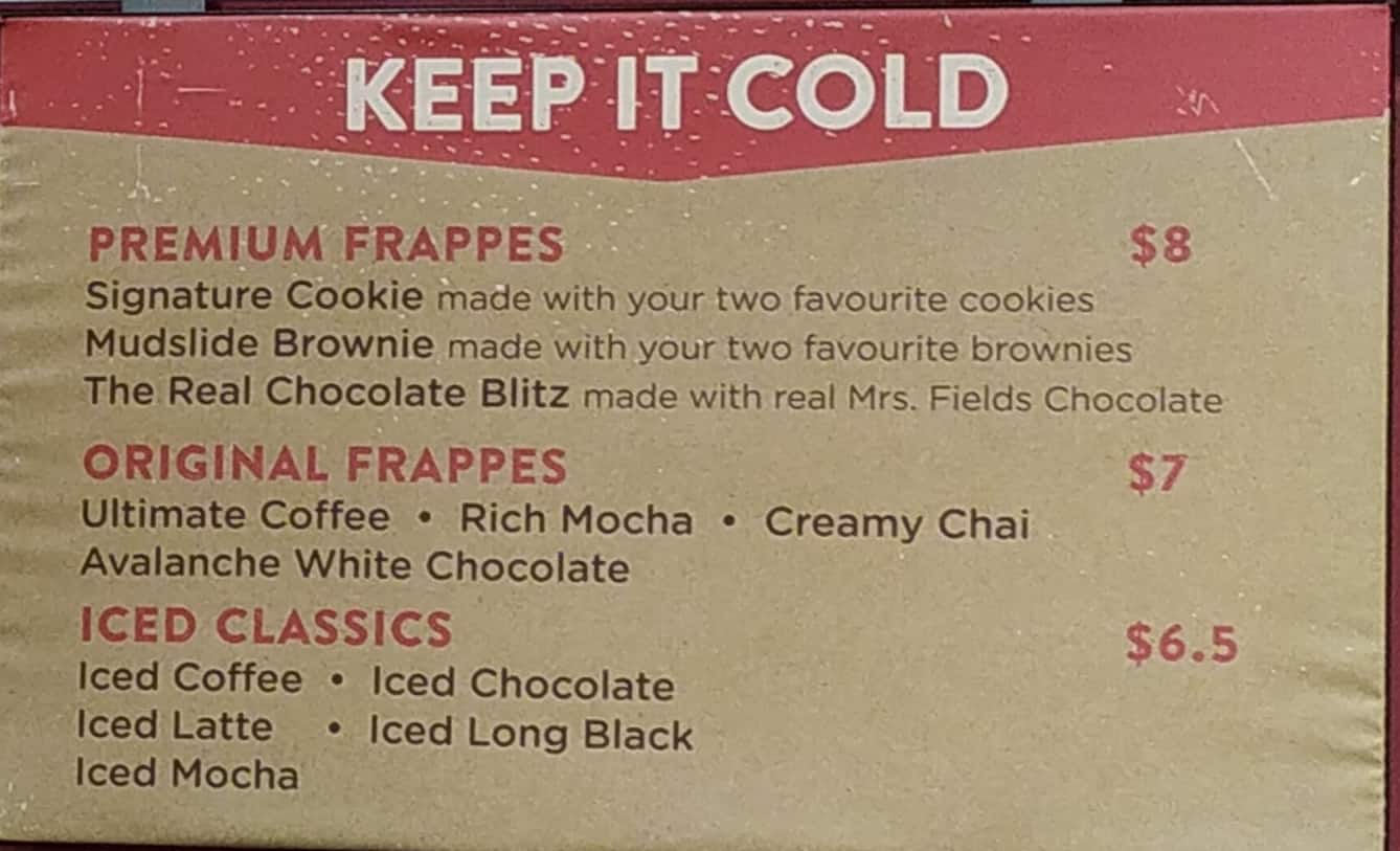 Menu at Mrs.Fields Macquarie Park restaurant, Macquarie Park