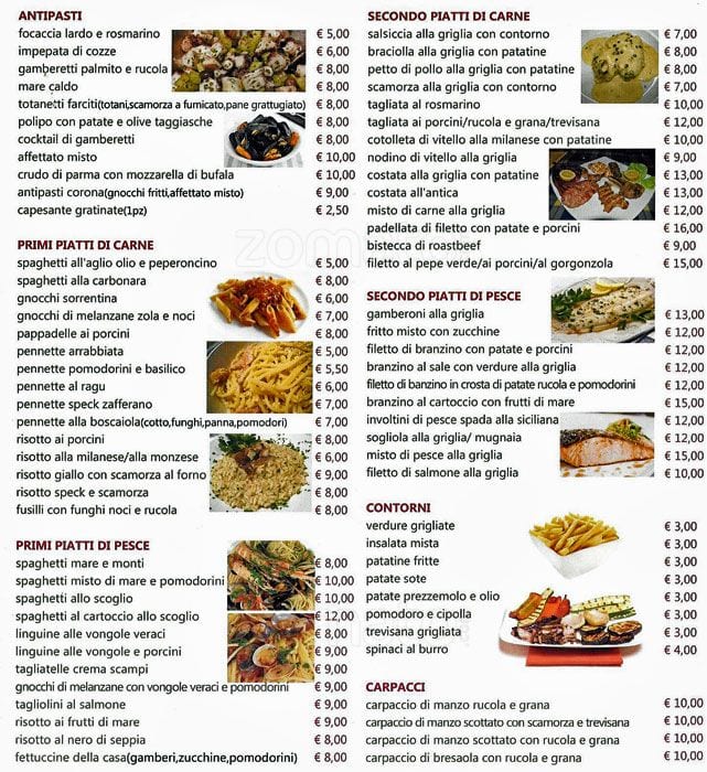 Menu di Bar Pizzeria Corona 