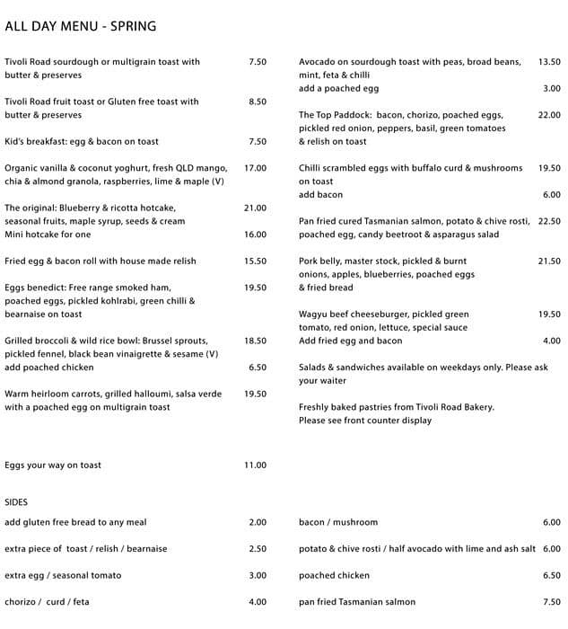 Top Paddock Menu, Menu for Top Paddock, Richmond, Melbourne