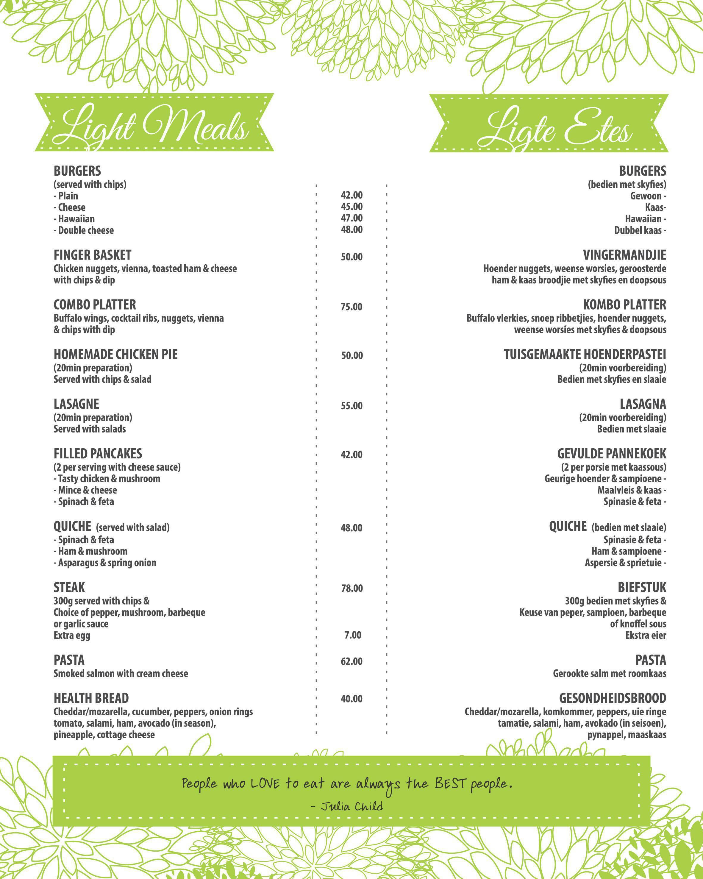 Menu at Ennis Tea garden restaurant, Hartbeespoort