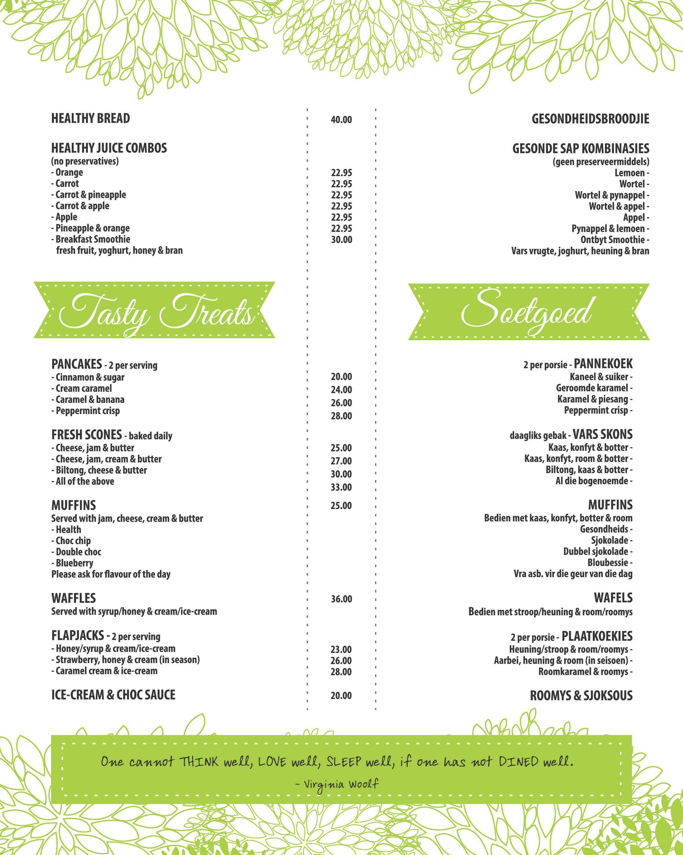 Menu at Ennis Tea garden restaurant, Hartbeespoort