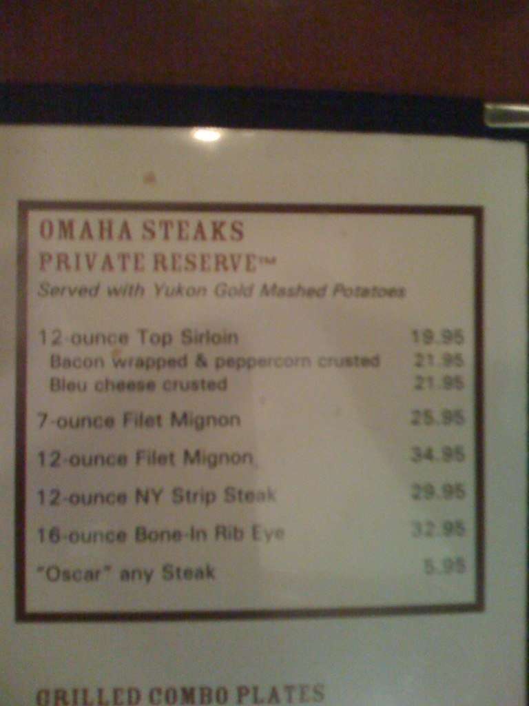 Omaha Steakhouse Menu, Menu for Omaha Steakhouse, Belmont/Vanderbilt