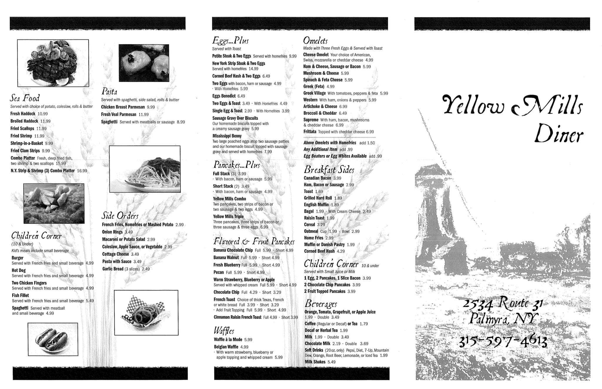 Yellow Mills Diner menu, Menu restauracji Yellow Mills Diner, Palmyra