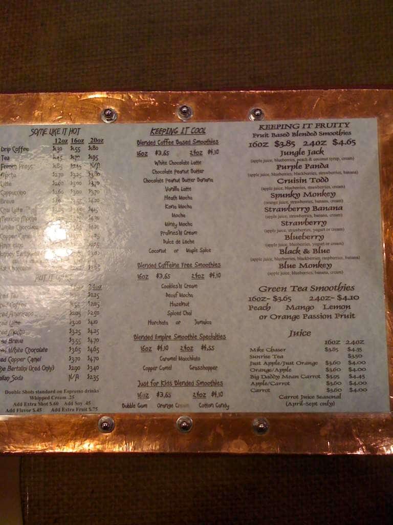 Menu at Jack Henry Coffee House (formally Jolts & Juice Co.), Ontario