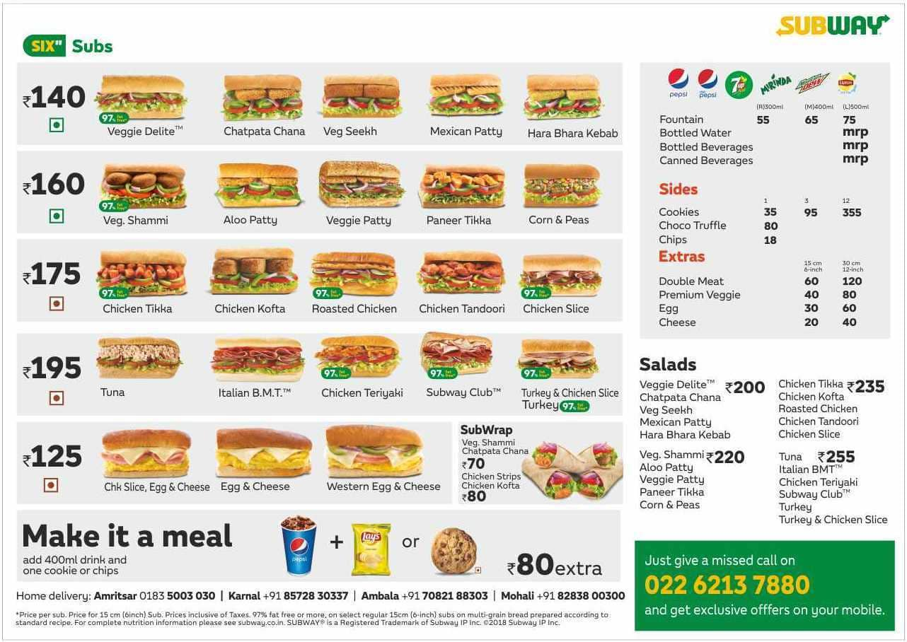 Subway Menu Menu For Subway Ranjit Avenue Amritsar