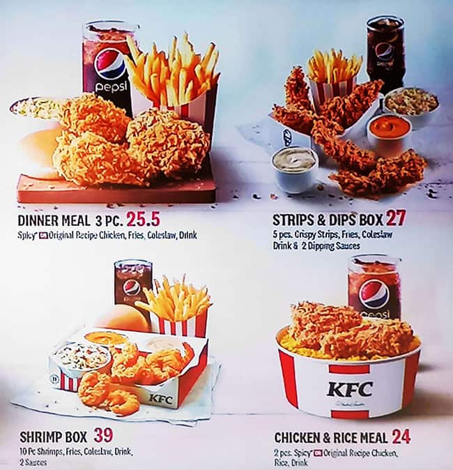 Menu at KFC restaurant, Abu Dhabi, Yas Mall