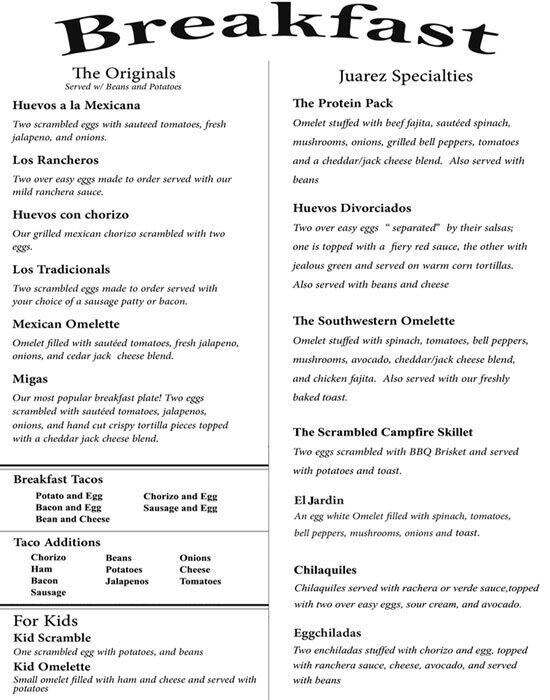Menu at Juarez Restaurant & Bakery, Round Rock