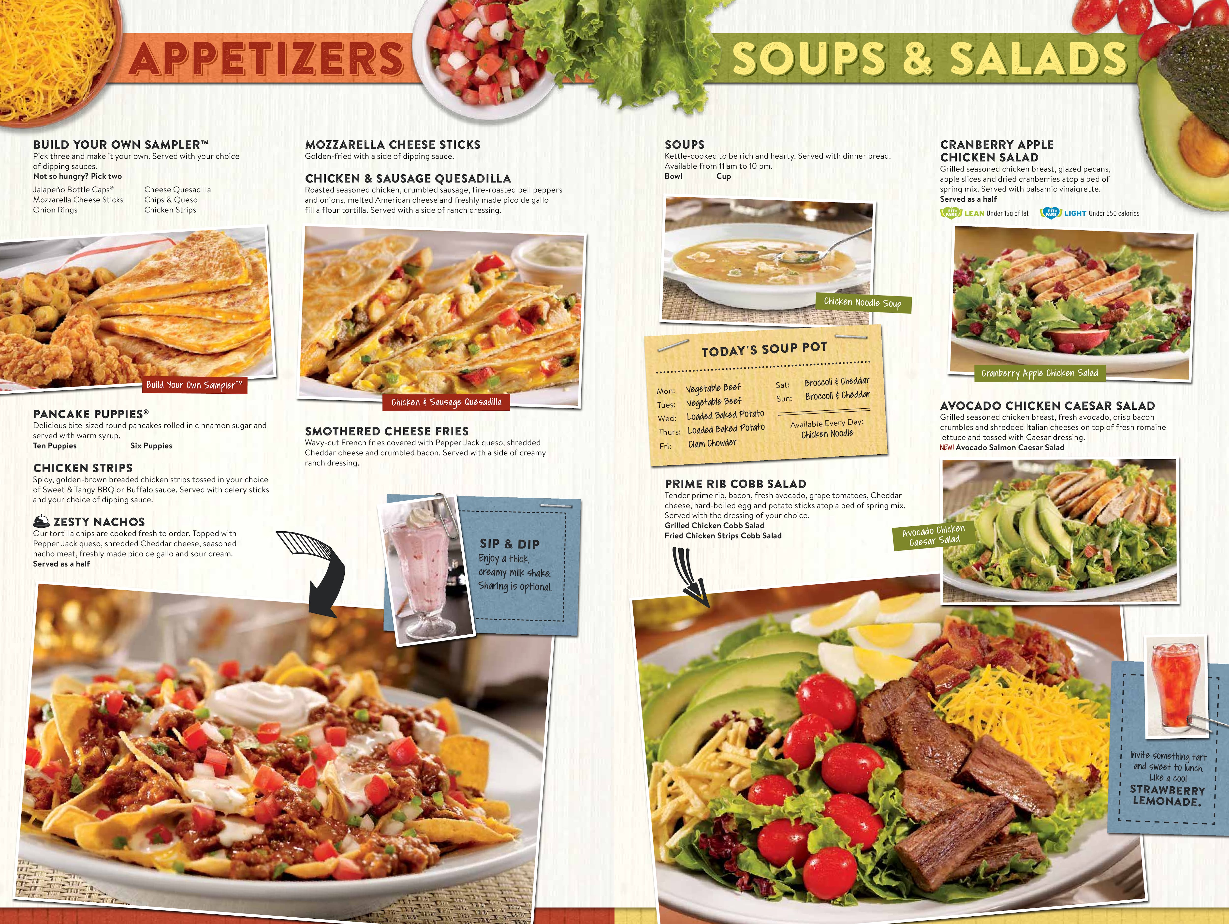  A restaurant menu with lunch and dinner prices, featuring a variety of appetizers, soups, salads, and entrees.