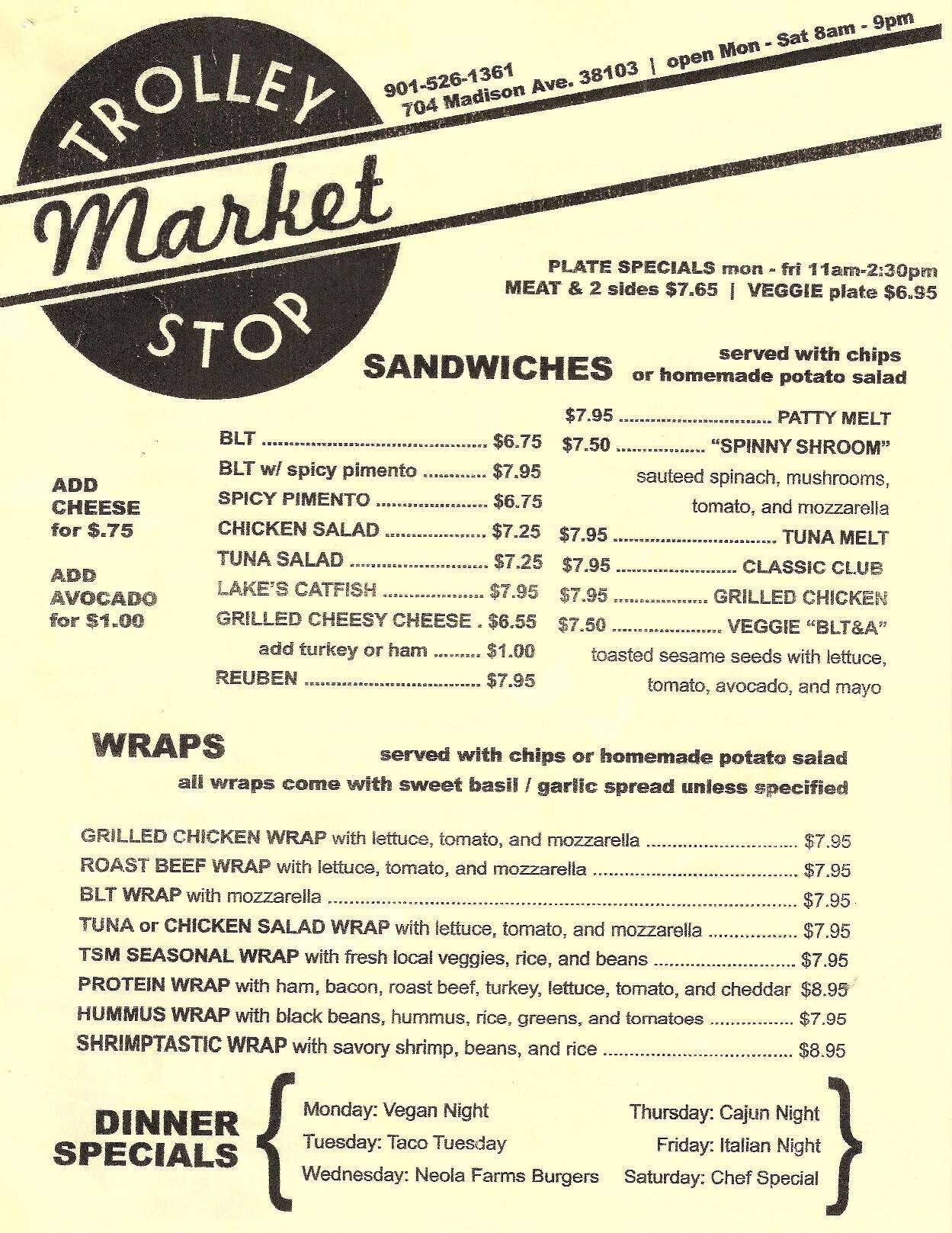 Trolley Stop Market Menu, Menu for Trolley Stop Market, Downtown