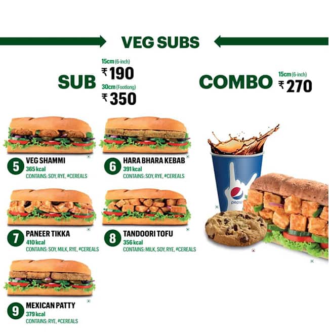 Menu at Subway, Coimbatore