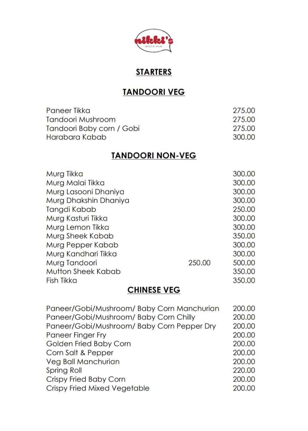 Nikki's Pub & Restaurant menu