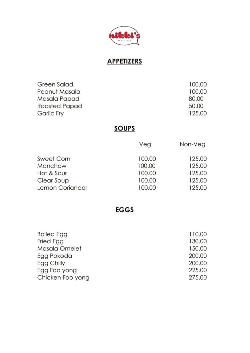 Nikki's Pub & Restaurant menu