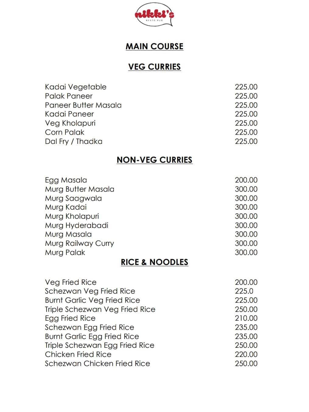 Nikki's Pub & Restaurant menu