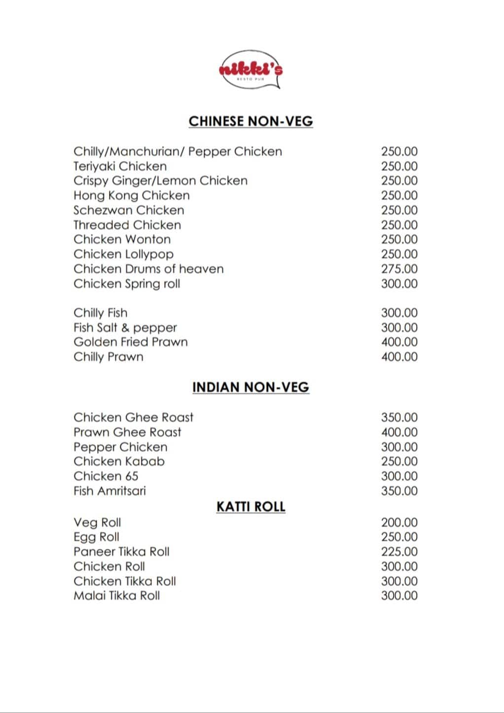 Nikki's Pub & Restaurant menu