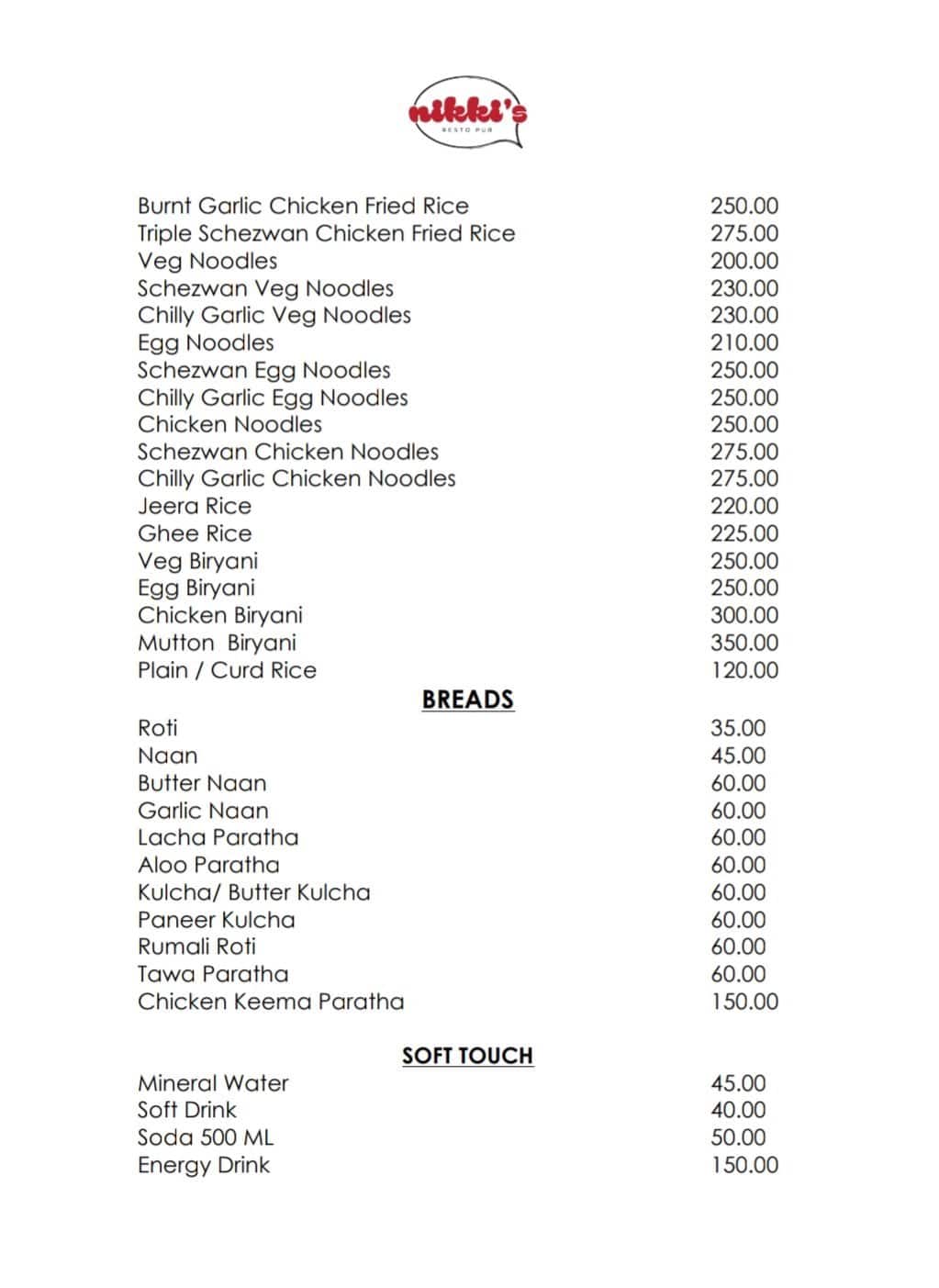 Menu at Nikki's Pub & Restaurant, Bengaluru