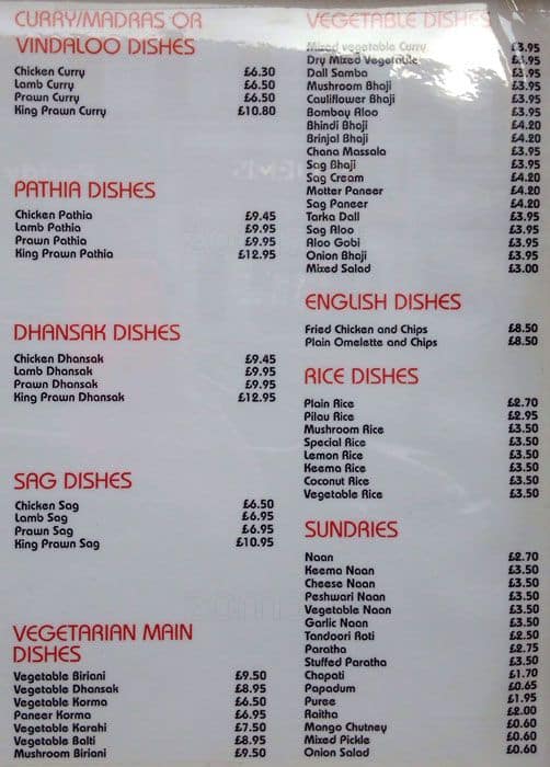 Menu at New Curry Centre restaurant,