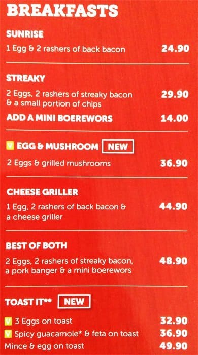 Menu at Wimpy restaurant, Johannesburg, Gauteng