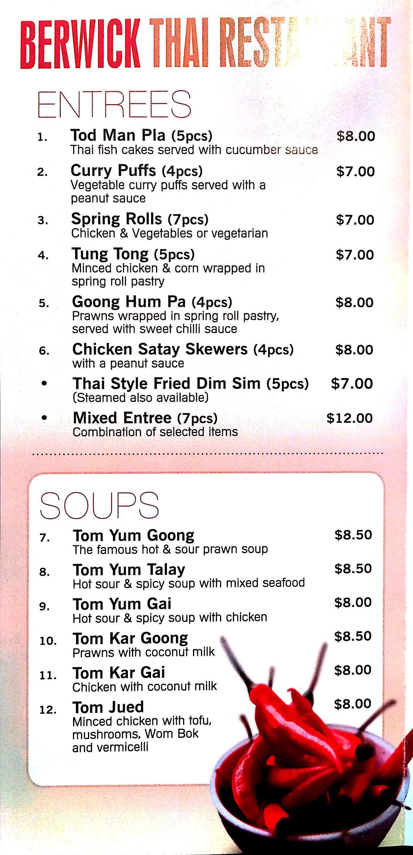 Berwick Thai Restaurant Menu, Menu for Berwick Thai Restaurant, Berwick