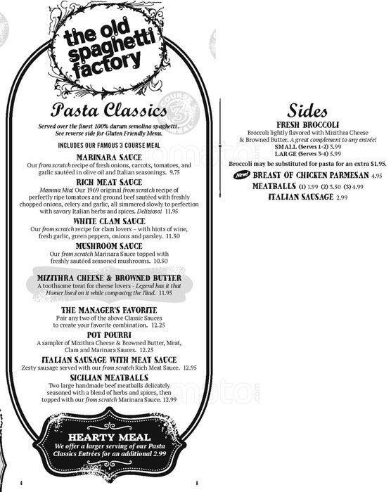 Menu at Old Spaghetti Factory restaurant, San Jose