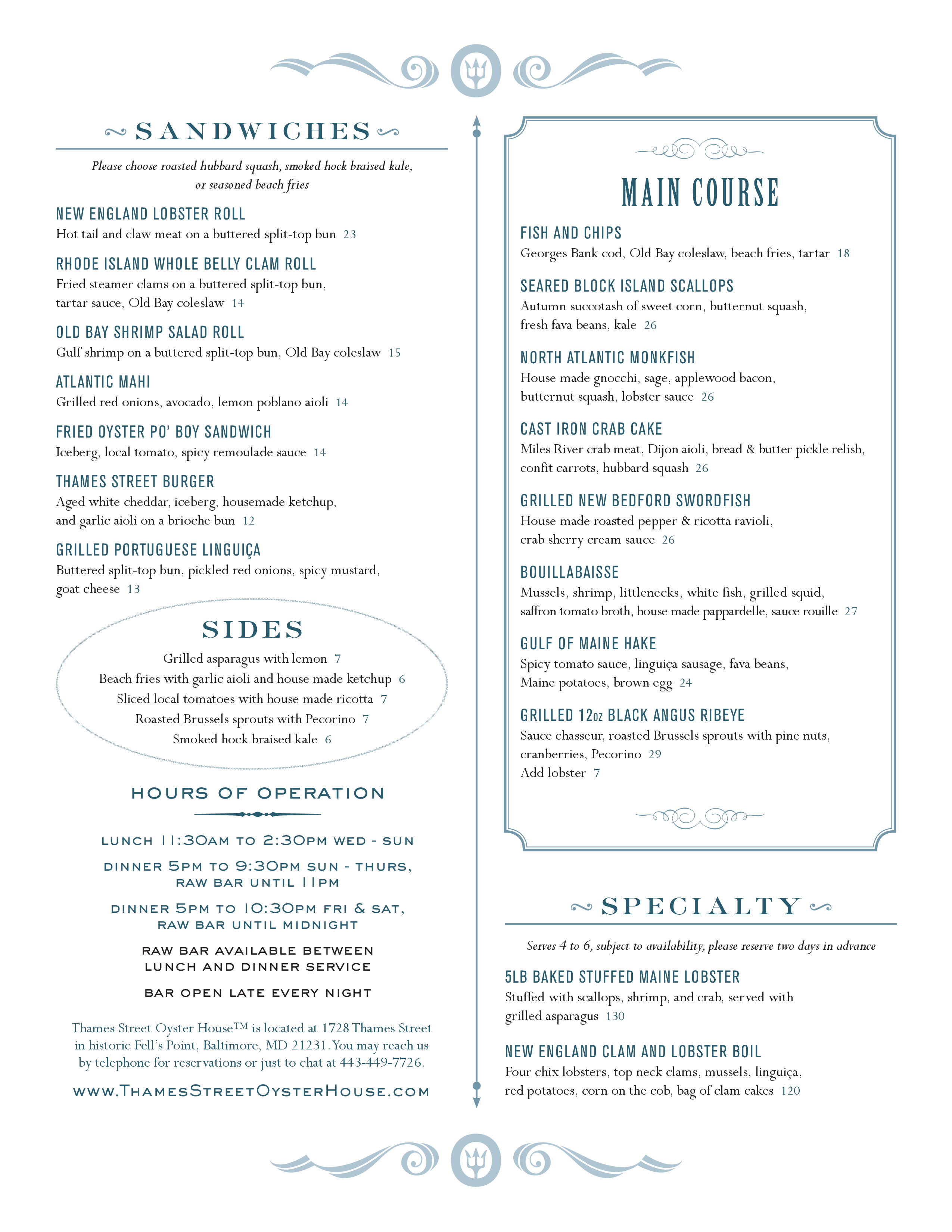 Menu at Thames Street Oyster House restaurant, Baltimore