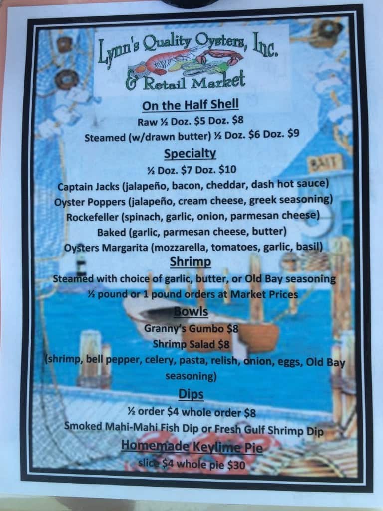 Menu at Lynn's Quality Oysters restaurant, Eastpoint