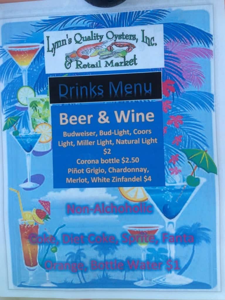 Menu at Lynn's Quality Oysters restaurant, Eastpoint