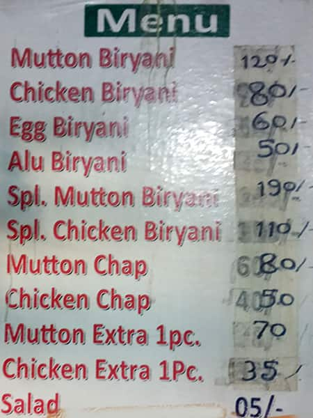 Menu of Haji Sahi Biryani, Maniktala, Kolkata