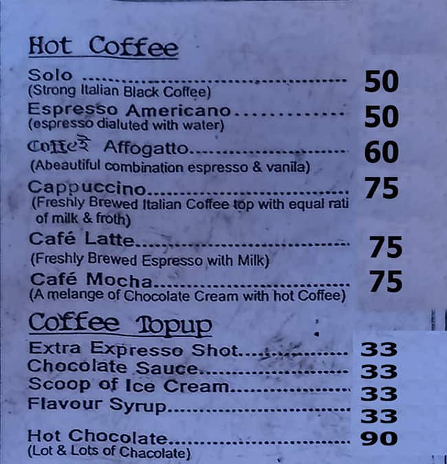 Coffee menu