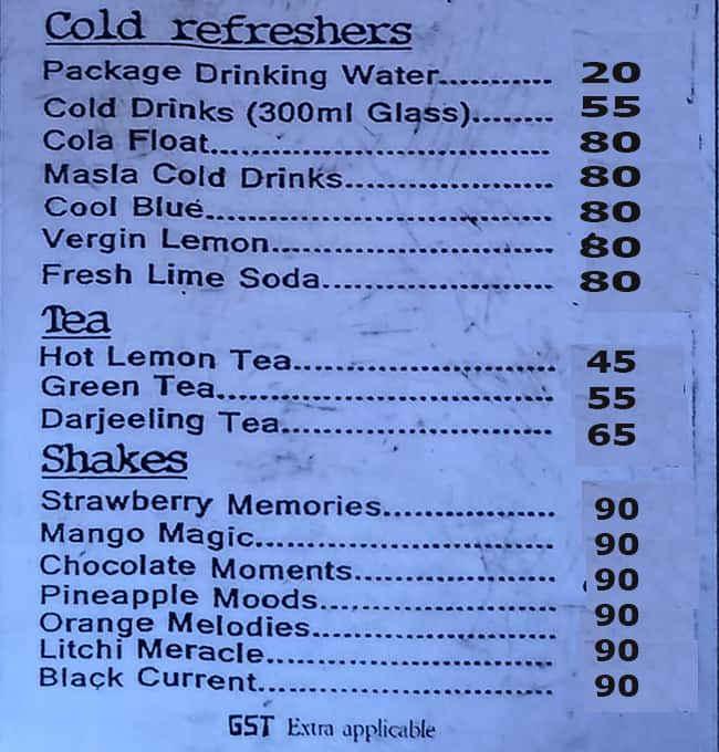 Coffee menu